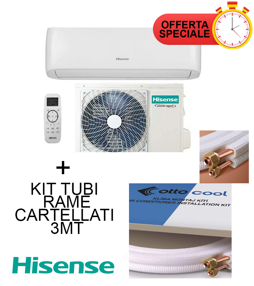 Climatizzatore Hisense Inverter EASY SMART 9000 Btu + Kit Tubi Rame 3MT Cartellati CA25YR03G + CA25YR03W R-32 Wi-Fi Optional