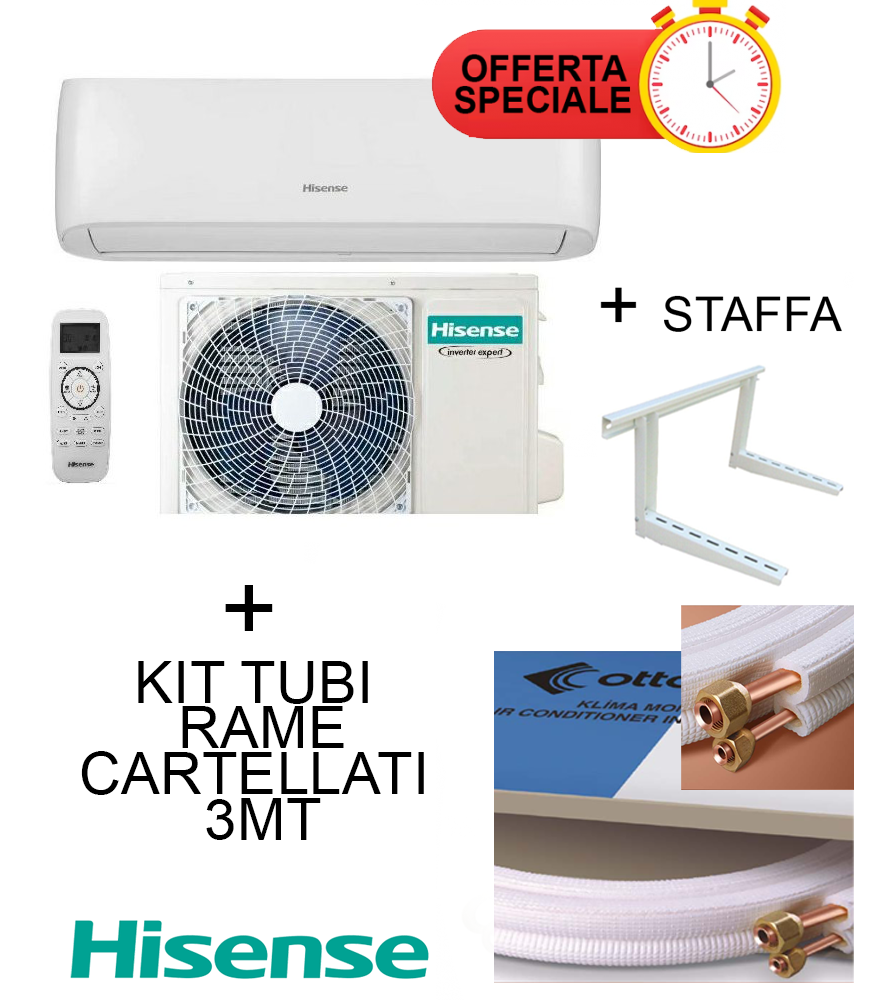 KIT Climatizzatore EASY SMART 9000 Btu  + STAFFA + KIT TUBI RAME CARTELLATI 3MT  Hisense Inverter  R-32 Wi-Fi Optional