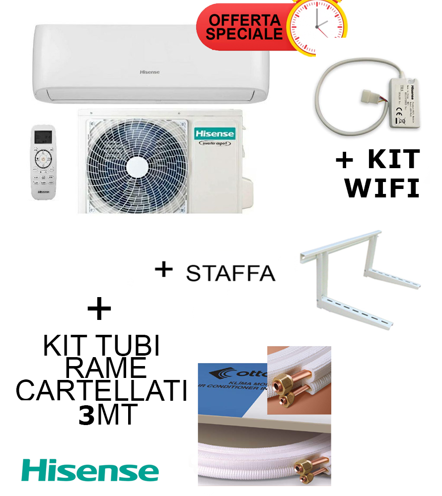 Climatizzatore Hisense Inverter EASY SMART 9000 Btu + Staffa + SCHEDA WIFI W4GX + Kit Tubi Rame 3MT  R-32 Wi-Fi Optional